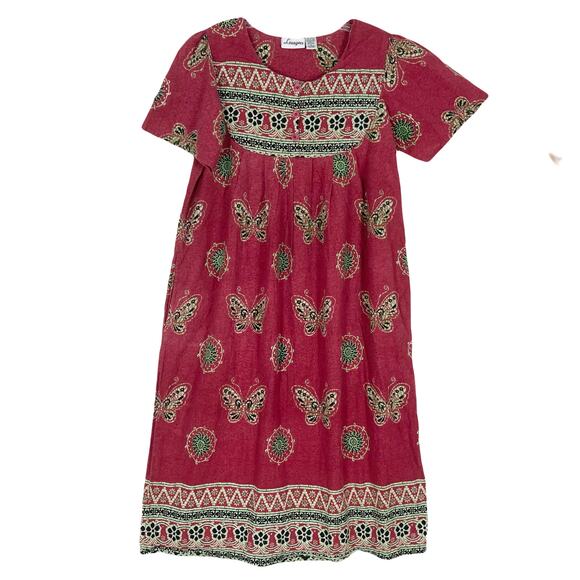 NWOT LOUNGEES Dress Kaftan L Butterfly Floral Pink Pocket Midi ButtonUp ShortSlv - Picture 1 of 10